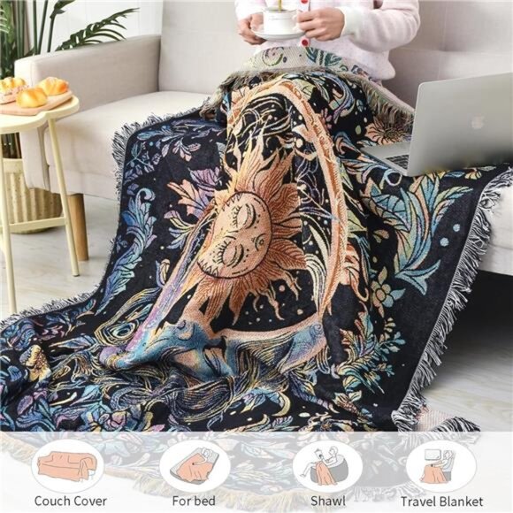 Boho Throw Blanket Reversible Cotton Tapestry Hippie Room Decor - Picture 5 of 7